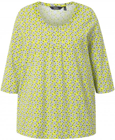 Ulla Popken Flower Print 3/4 Sleeve A-Line Tee Lime - Spausdinti marškinėliai moterims - 