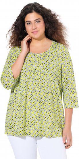 Ulla Popken Flower Print 3/4 Sleeve A-Line Tee Lime - Spausdinti marškinėliai moterims - 