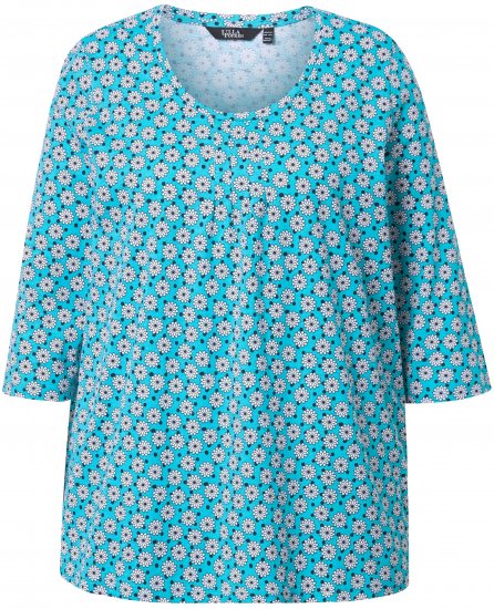 Ulla Popken Flower Print 3/4 Sleeve A-Line Tee Deep Aqua - Spausdinti marškinėliai moterims - 