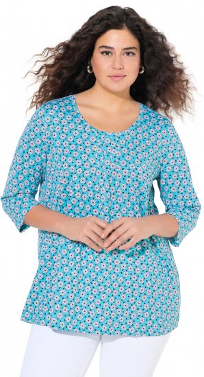 Ulla Popken Flower Print 3/4 Sleeve A-Line Tee Deep Aqua - Spausdinti marškinėliai moterims - 