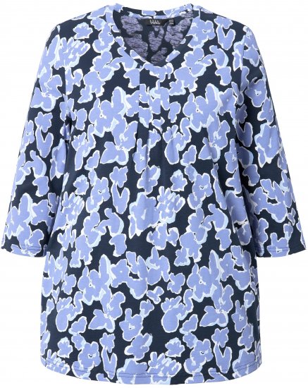 Ulla Popken Floral Print 3/4 Sleeve V-Neck Tee Navy Blue - Spausdinti marškinėliai moterims - 
