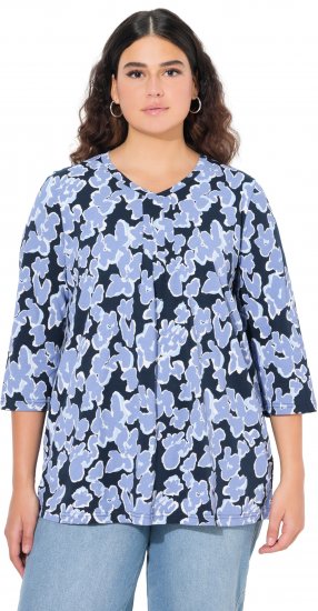 Ulla Popken Floral Print 3/4 Sleeve V-Neck Tee Navy Blue - Spausdinti marškinėliai moterims - 