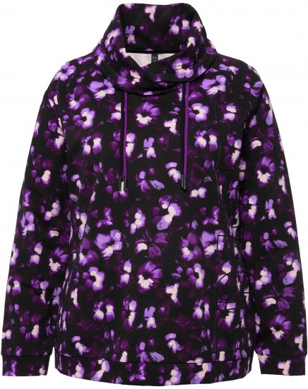 Ulla Popken Floral Print Drawstring Collar Hoodie Black - Megztiniai ir džemperiai - 