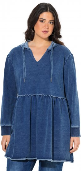 Ulla Popken Indigo Dyed Flounce Panel Hoodie Blue - Megztiniai ir džemperiai - 