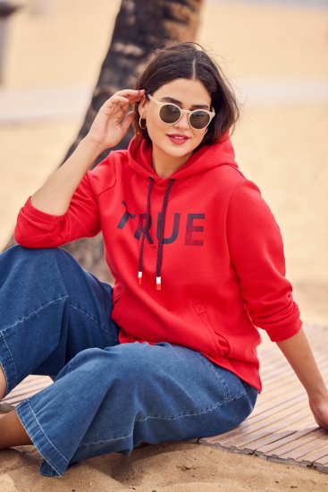 Ulla Popken TRUE Lettering Hoodie Neon Red - Megztiniai ir džemperiai - 