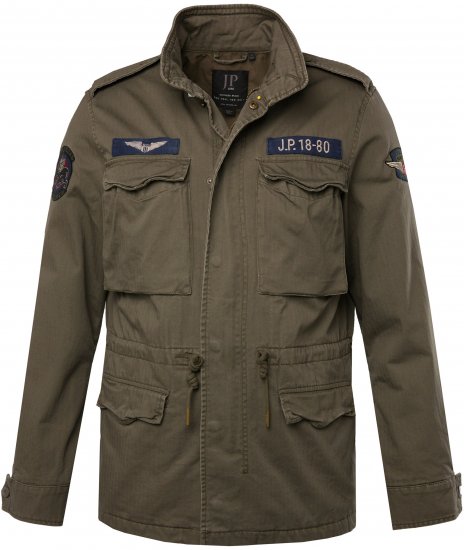 JP1880 Field Jacket with Badges Vintage Look Moss Green - Didelės vyriškos striukės - Didelės vyriškos striukės
