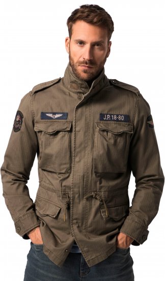 JP1880 Field Jacket with Badges Vintage Look Moss Green - Didelės vyriškos striukės - Didelės vyriškos striukės