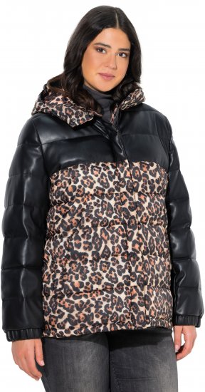 Ulla Popken HYPRAR Leopard And Leather Look Quilted Jacket Black - Striukės - 