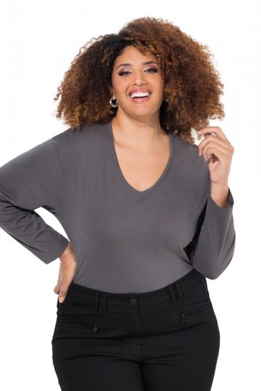 Ulla Popken Back To Basics V-Neck Relaxed Fit Cotton Tee Graphite Grey - Marškinėliai - Moteriški marškinėliai