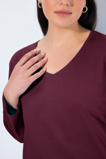 Ulla Popken Back To Basics V-Neck Relaxed Fit Cotton Tee Dark Berry - Marškinėliai - Moteriški marškinėliai