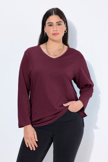 Ulla Popken Back To Basics V-Neck Relaxed Fit Cotton Tee Dark Berry - Marškinėliai - Moteriški marškinėliai
