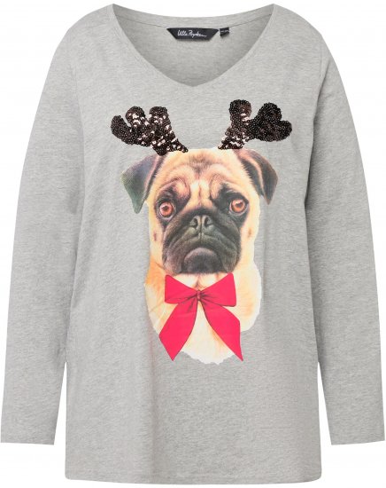 Ulla Popken Holiday Pup Sequin Accent A-line Fit Tee Light Grey Melange - Spausdinti marškinėliai moterims - 