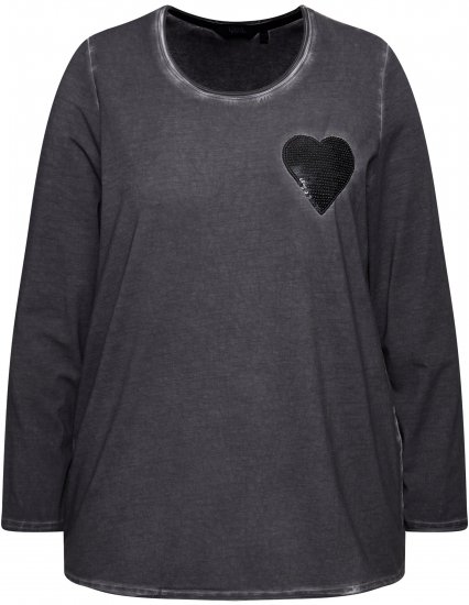 Ulla Popken Cold Dyed Sequined Heart Long Sleeve Tee Asphalt - Spausdinti marškinėliai moterims - 