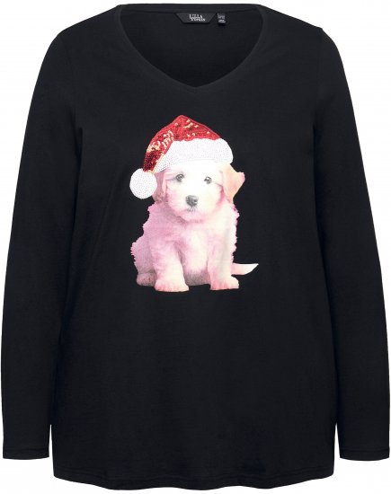 Ulla Popken Puppy Graphic Christmas Long Sleeve T-Shirt Black - Marškinėliai - 