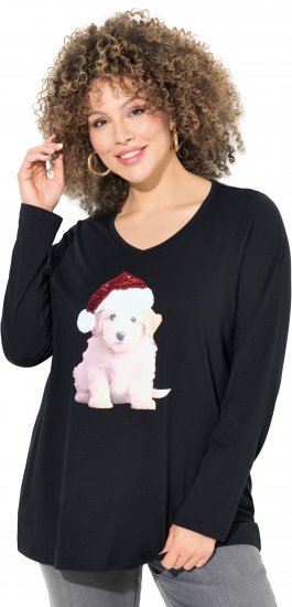Ulla Popken Puppy Graphic Christmas Long Sleeve T-Shirt Black - Marškinėliai - 