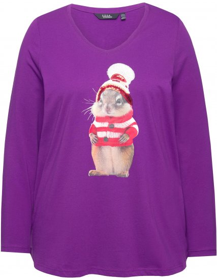 Ulla Popken Christmas Squirrel Long Sleeve Graphic Tee Dark Purple - Spausdinti marškinėliai moterims - 