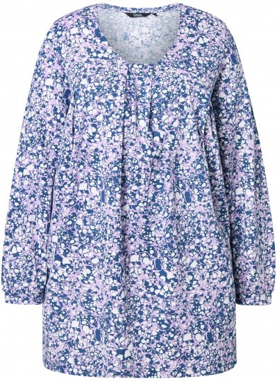Ulla Popken Allover Printed Pleated Long Sleeve Tee Dark Blue - Spausdinti marškinėliai moterims - 