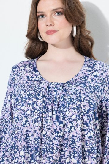 Ulla Popken Allover Printed Pleated Long Sleeve Tee Dark Blue - Spausdinti marškinėliai moterims - Marškinėliai su raštais moterims