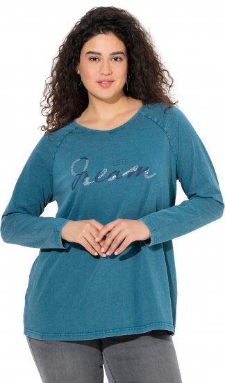 Ulla Popken Dream Rhinestone Lettering Long Sleeve Tee Teal - Spausdinti marškinėliai moterims - 