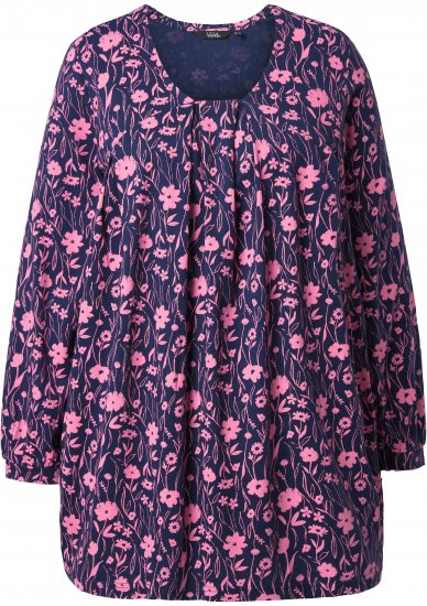 Ulla Popken Pleated Long Sleeve Floral Knit Tunic Ink Blue - Spausdinti marškinėliai moterims - 