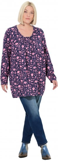 Ulla Popken Pleated Long Sleeve Floral Knit Tunic Ink Blue - Spausdinti marškinėliai moterims - 