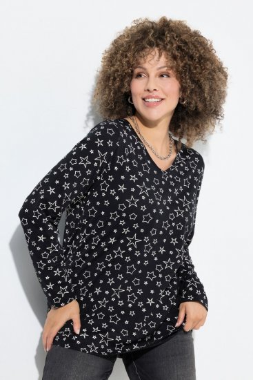 Ulla Popken Allover Printed Long Sleeve Tee Black - Spausdinti marškinėliai moterims - Marškinėliai su raštais moterims