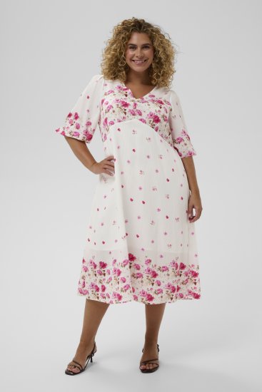 Kaffe Curve Rosa Midi Dress White Rose Border Flower - Suknelės - 
