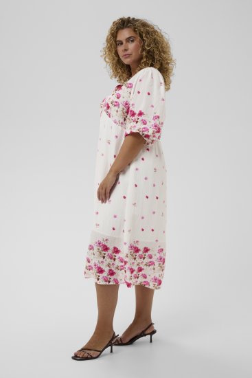 Kaffe Curve Rosa Midi Dress White Rose Border Flower - Suknelės - 