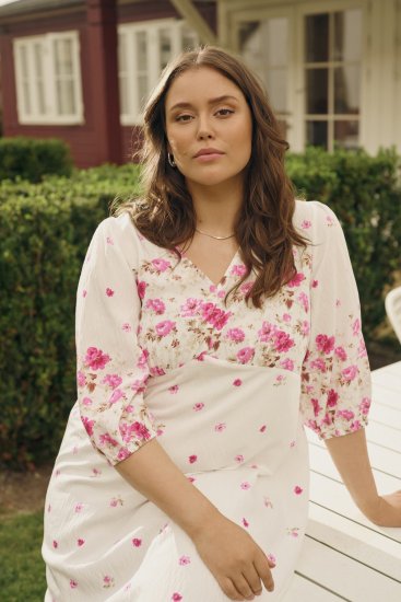 Kaffe Curve Rosa Midi Dress White Rose Border Flower - Suknelės - 
