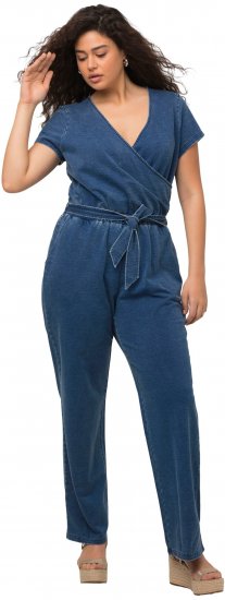 Ulla Popken Wrap Look Short Sleeve Denim Jumpsuit Blue - Džinsai & Kelnės Didelėse Dydžiuose – Plus Size - 