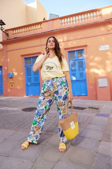 Ulla Popken Italy Print Elastic Waist Pants White - Džinsai & Kelnės Didelėse Dydžiuose – Plus Size - 