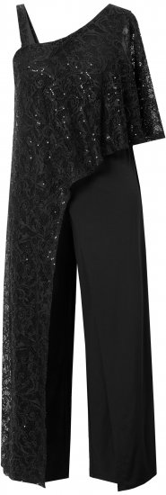 Ulla Popken Asymmetric Lace Panel Jumpsuit Black - Džinsai & Kelnės Didelėse Dydžiuose – Plus Size - 