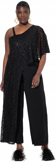 Ulla Popken Asymmetric Lace Panel Jumpsuit Black - Džinsai & Kelnės Didelėse Dydžiuose – Plus Size - 