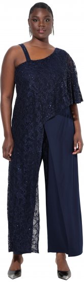 Ulla Popken Asymmetric Lace Panel Jumpsuit Navy - Džinsai & Kelnės Didelėse Dydžiuose – Plus Size - 