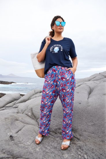 Ulla Popken Seashell Print Elastic Waist Pants Blue - Džinsai & Kelnės Didelėse Dydžiuose – Plus Size - 