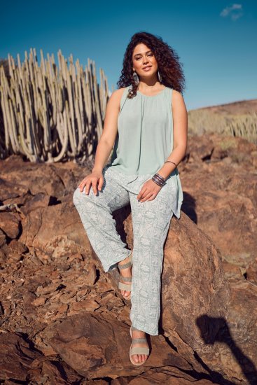 Ulla Popken Mosaic Print Elastic Waist Pants White - Džinsai & Kelnės Didelėse Dydžiuose – Plus Size - 