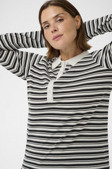 Kaffe Curve Miana Long Sleeve Polo Chalk with Black Stripe - Polo marškinėliai - 