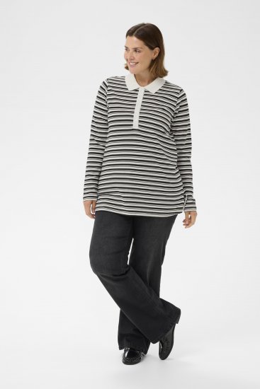 Kaffe Curve Miana Long Sleeve Polo Chalk with Black Stripe - Polo marškinėliai - 