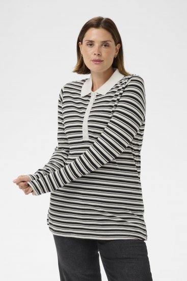 Kaffe Curve Miana Long Sleeve Polo Chalk with Black Stripe - Polo marškinėliai - 