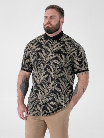D555 Palmer Leaf Printed Jacquard Collar & Cuff Chest Pocket Polo Black - Polo marškinėliai - Polo marškinėliai - 2XL-8XL