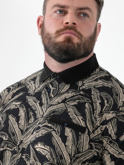 D555 Palmer Leaf Printed Jacquard Collar & Cuff Chest Pocket Polo Black - Polo marškinėliai - Polo marškinėliai - 2XL-8XL