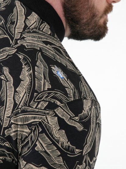 D555 Palmer Leaf Printed Jacquard Collar & Cuff Chest Pocket Polo Black - Polo marškinėliai - Polo marškinėliai - 2XL-8XL