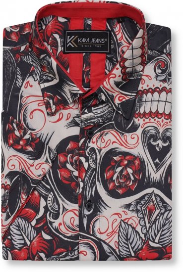Kam Jeans 6062 Skull And Roses Print Short Sleeve Shirt Black - Marškiniai - Marškiniai - 2XL-8XL