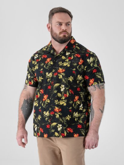 D555 Gordon Hawaiian AOP Cuvan Collar Resort Short Sleeve Black - Marškiniai - Marškiniai - 2XL-8XL