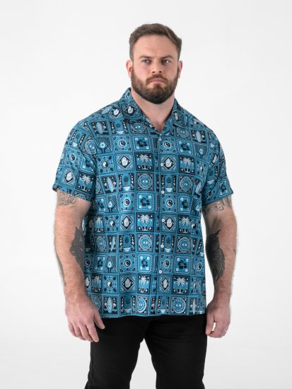 D555 Hawkins Printed Cuban Collar Resort Short Sleeve Shirt Teal - Marškiniai - Marškiniai - 2XL-8XL