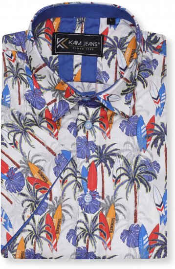 Kam Jeans 6060 Palm Tree and Surf Boards Short Sleeve Shirt White - Marškiniai - Marškiniai - 2XL-8XL
