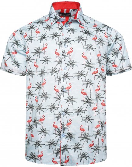Kam Jeans 6067 Flamingo and Palm Tree Short Sleeve Shirt Blue - Marškiniai - Marškiniai - 2XL-8XL