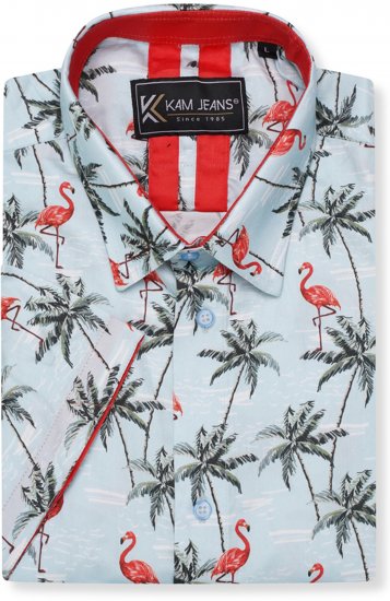 Kam Jeans 6067 Flamingo and Palm Tree Short Sleeve Shirt Blue - Marškiniai - Marškiniai - 2XL-8XL