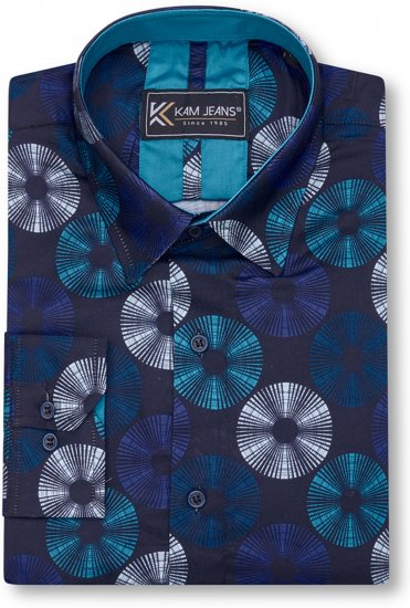 Kam Jeans 6071 Record Print Long Sleeve Shirt Navy - Marškiniai - Marškiniai - 2XL-8XL