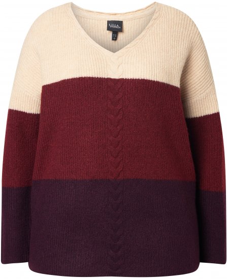 Ulla Popken Cable Knit Block Stripe V-Neck Sweater Dark Ruby - Megztiniai ir džemperiai - 